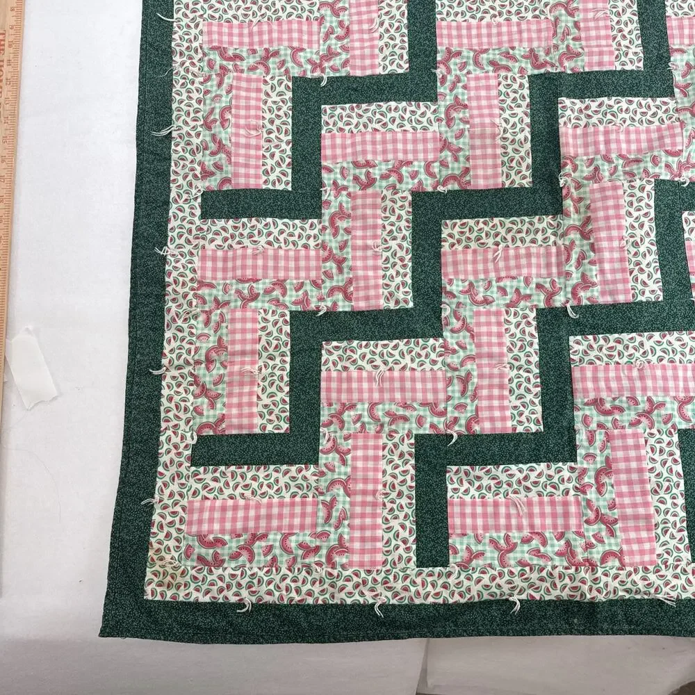 Vtg Patchwork Green Pink Quilt Throw 56” X 41” Handmade Watermelon Camarillo, CA